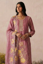 Pink Embroidered Pakistani Dress in Shimmer Silk with Sequin Work - close-up view