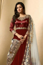 Red Georgette Anarkali Suits Indian Dresses For Marriage - Embroidery Work - close-up view