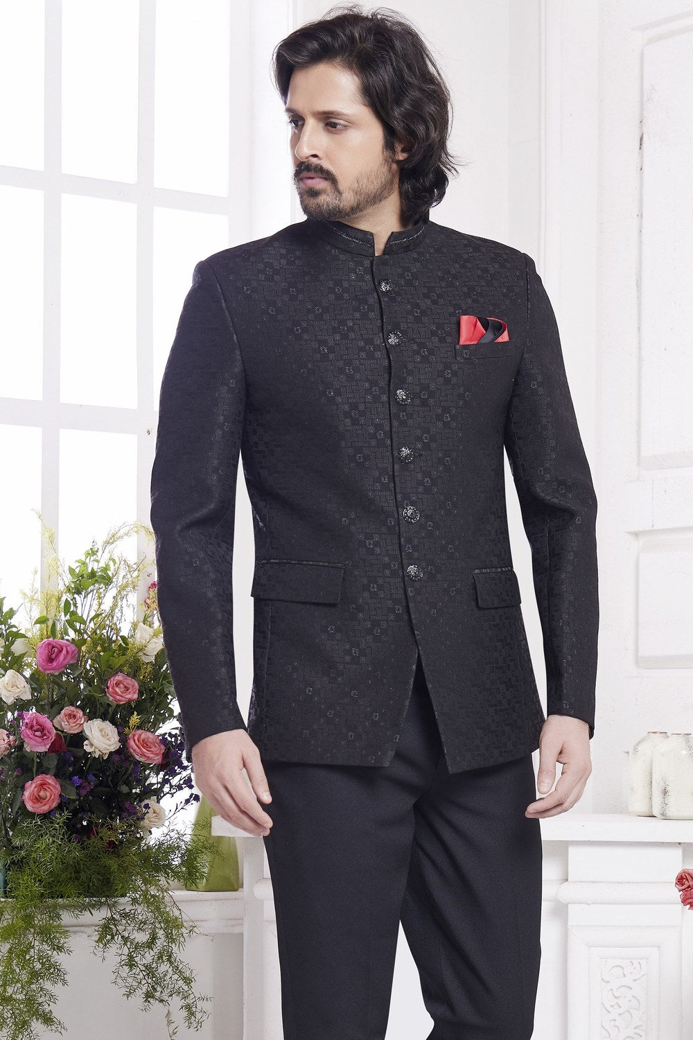 Black Jacquard Silk Traditional Jodhpuri Suits with Pant for Men for Wedding - Embroidery Work - close-up view