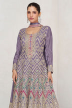 Purple Gray Chinon Silk Plazo Suit For Wedding & Festival - Embroidery Work - close-up view