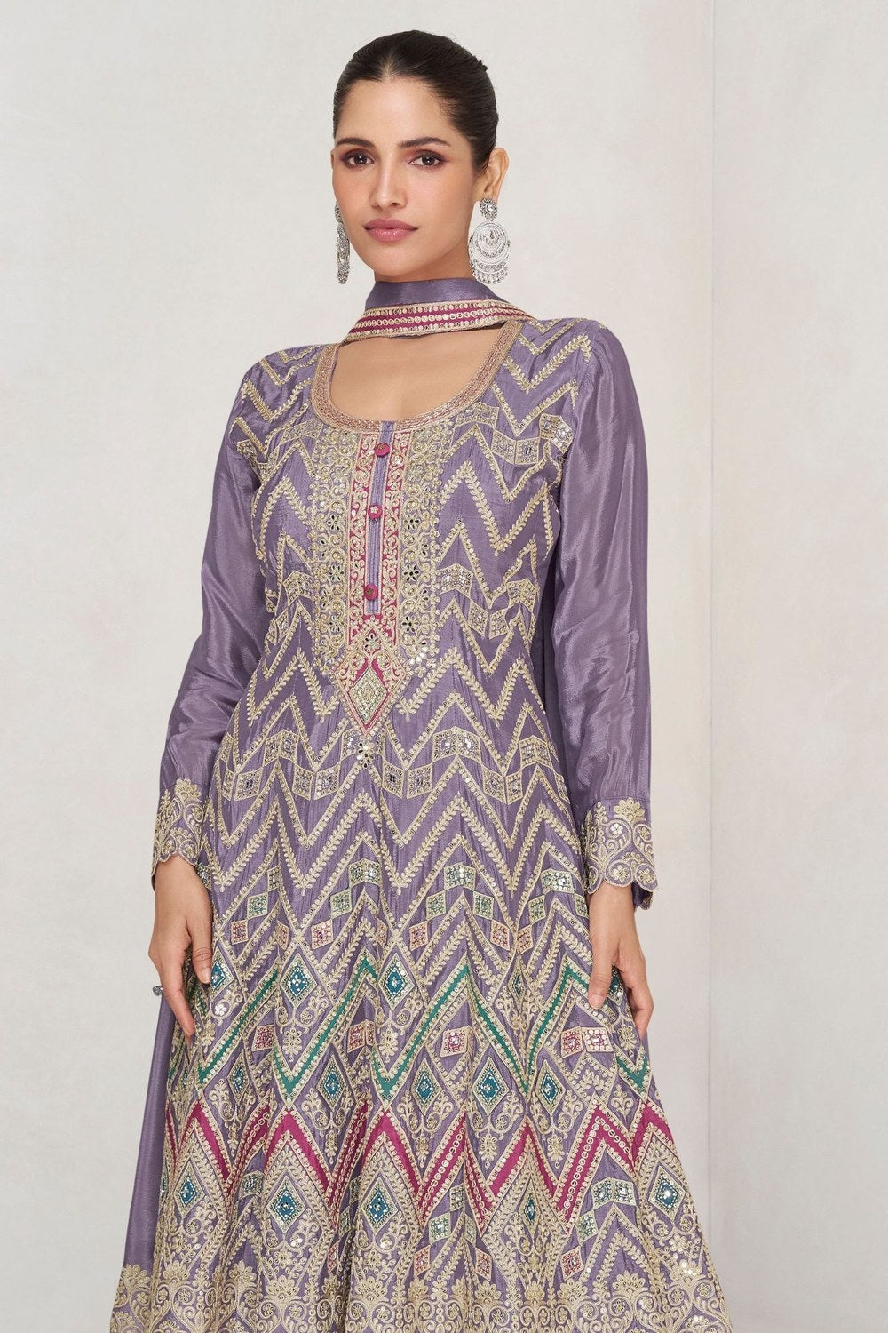 Purple Gray Chinon Silk Plazo Suit For Wedding & Festival - Embroidery Work - close-up view