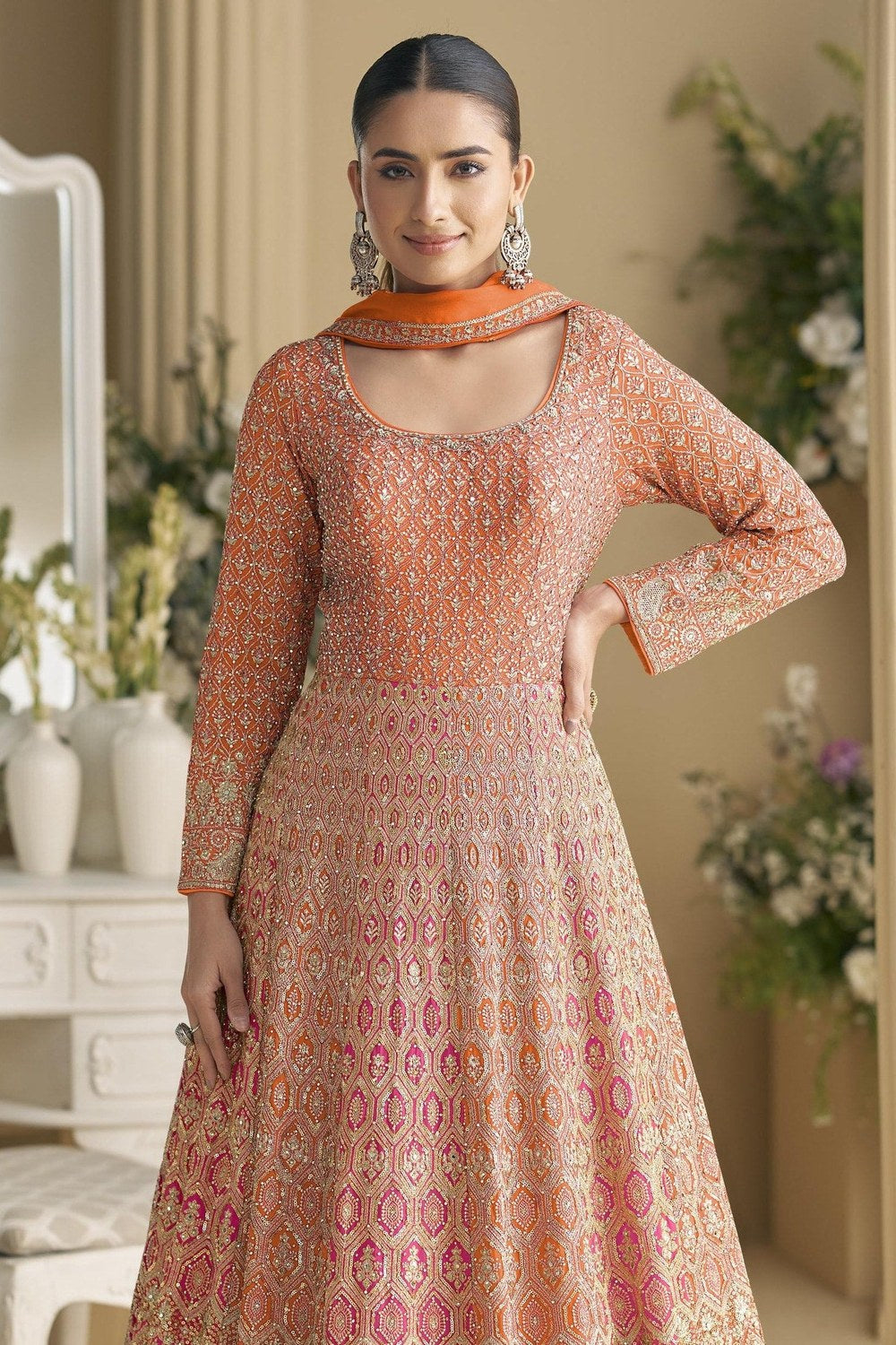 Orange Georgette Anarkali Suit For Indian & Pakistani Wedding Festival - Sequins & Thread Embroidery Work - close-up view