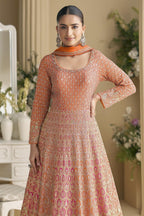 Orange Georgette Anarkali Suit For Indian & Pakistani Wedding Festival - Sequins & Thread Embroidery Work - close-up view