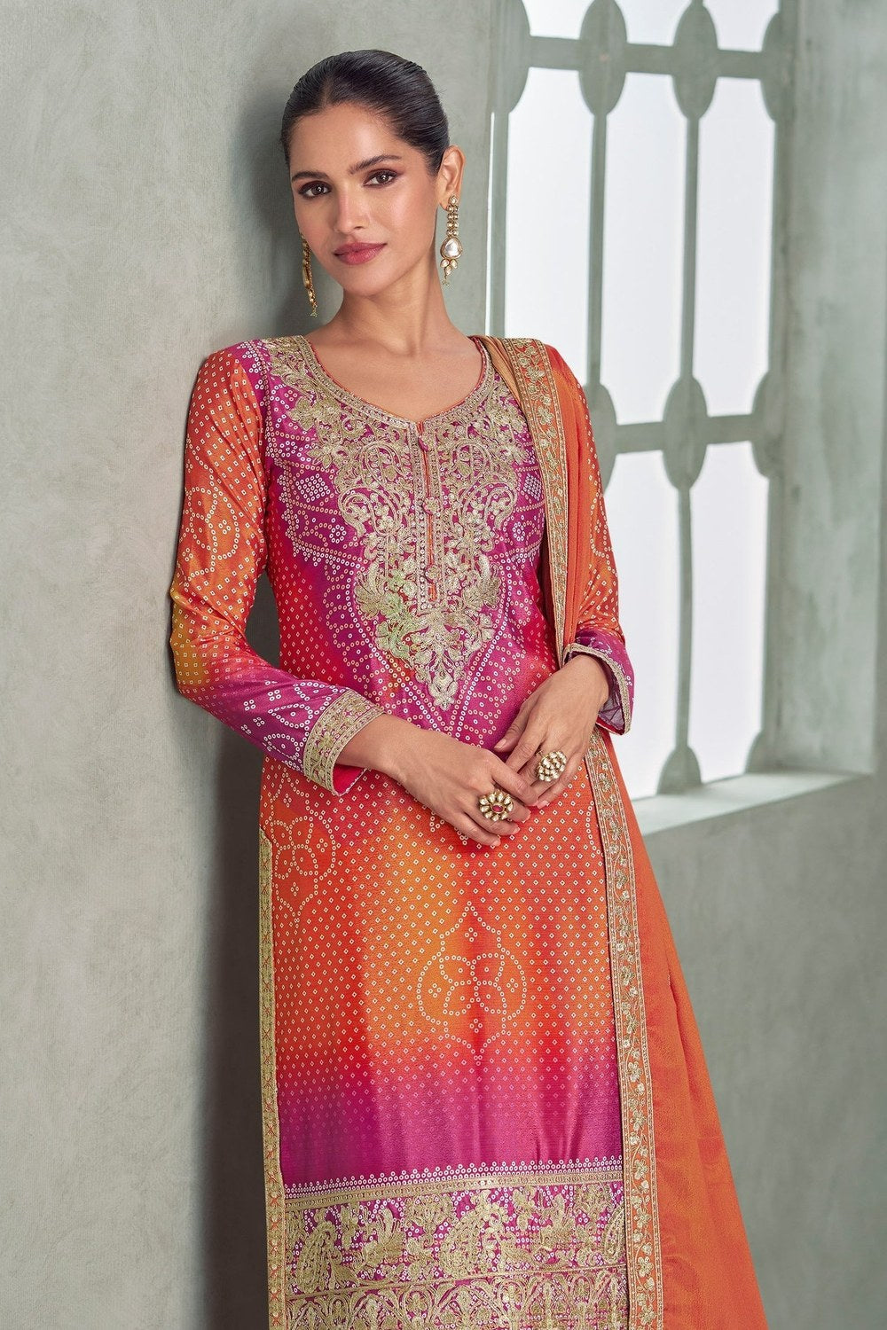 Orange Chinon Silk Dual Color Bandhani Print Style Plazo Suit For Indian & Pakistani Wedding Festival - Thread & Sequence Embroidery Work, Print Work - close-up view