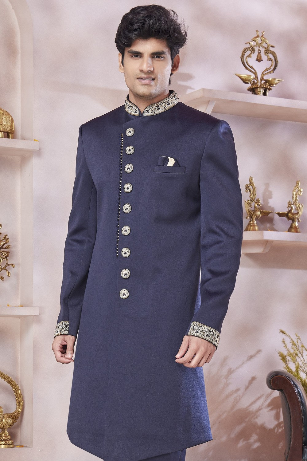 Dark Blue Art Silk Indo Western Traditional Sherwani Long Kurta & Pant Suit for Men for Wedding - Embroidery Work - close-up view