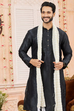 Black Art Silk Plain Kurta Pajama with Stole Scarf for Men for Festivals & Wedding - close-up view