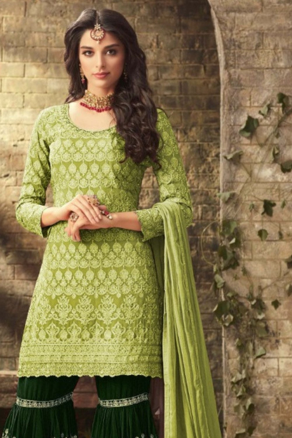 Pista Georgette Pakistani Sharara Suit for Wedding Henna Ceremony  - Embroidery Work - close-up view