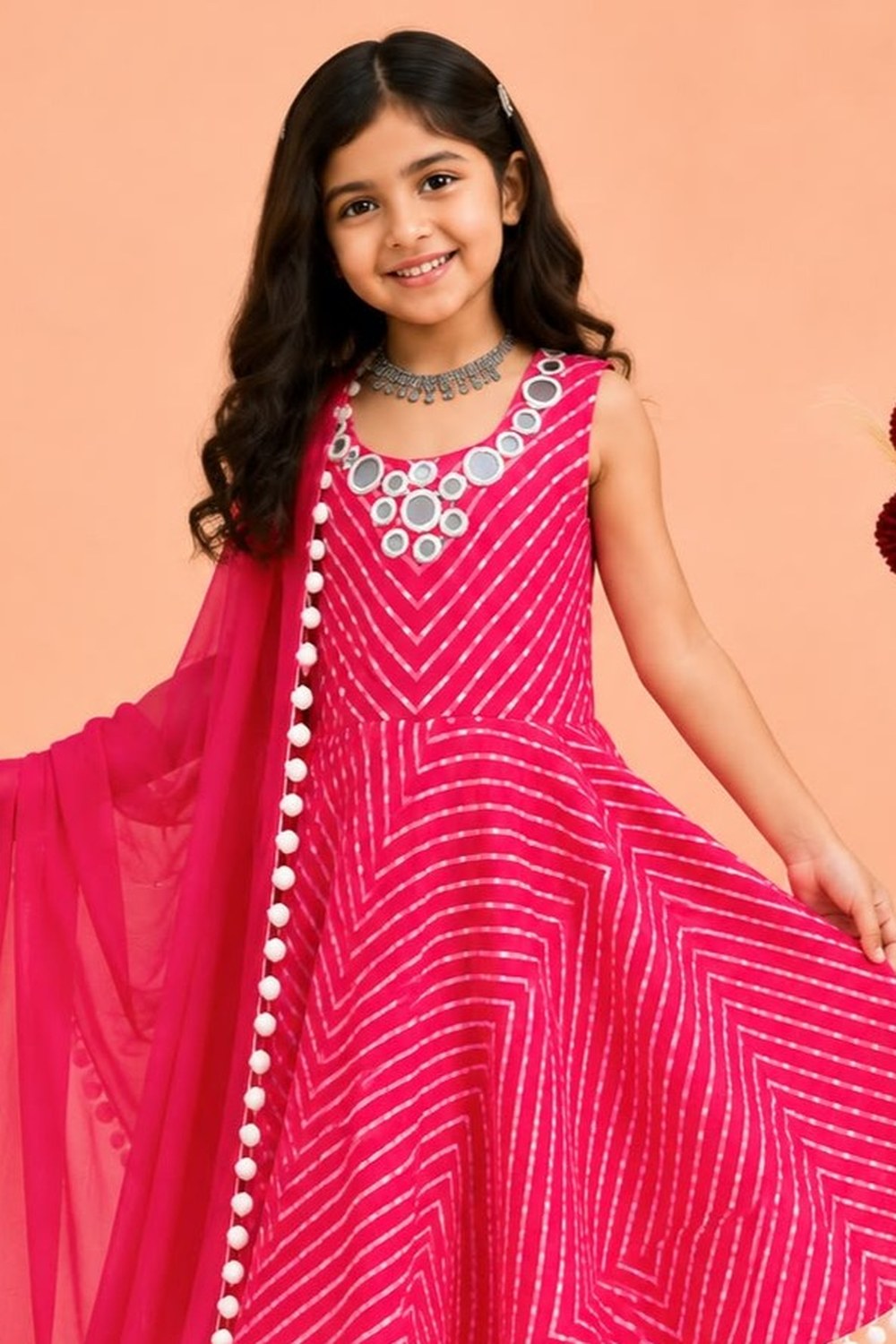 Pink Kids Wear Kameez with Plazo & Dupatta for Wedding - Mirror & Print Work - close-up view