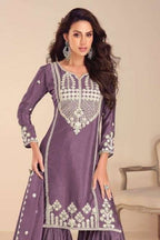 Purple Chinon Silk Sharara Suit For Indian & Pakistani Wedding Festival - Embroidery Work, Khatli Work - close-up view