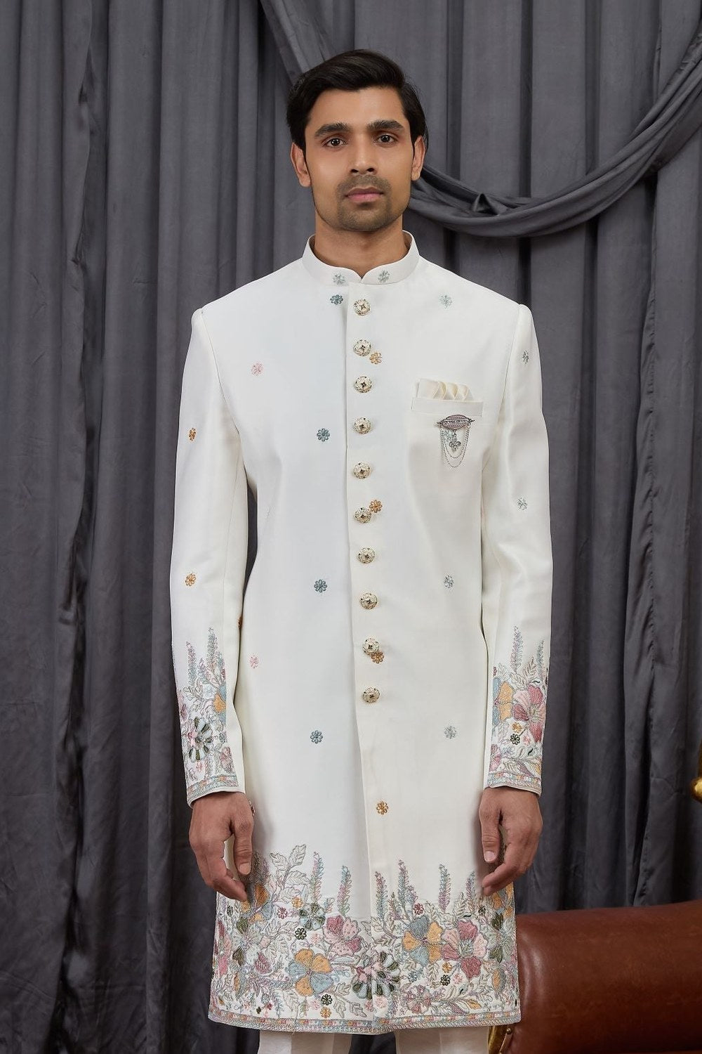 Off White Jacquard Wedding Kurta for Men & Pajama in Sherwani Style - close-up view