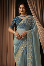 Teal Blue Sequins Saree for Wedding Guest in Satin Silk - Pearl Handwork - close-up view