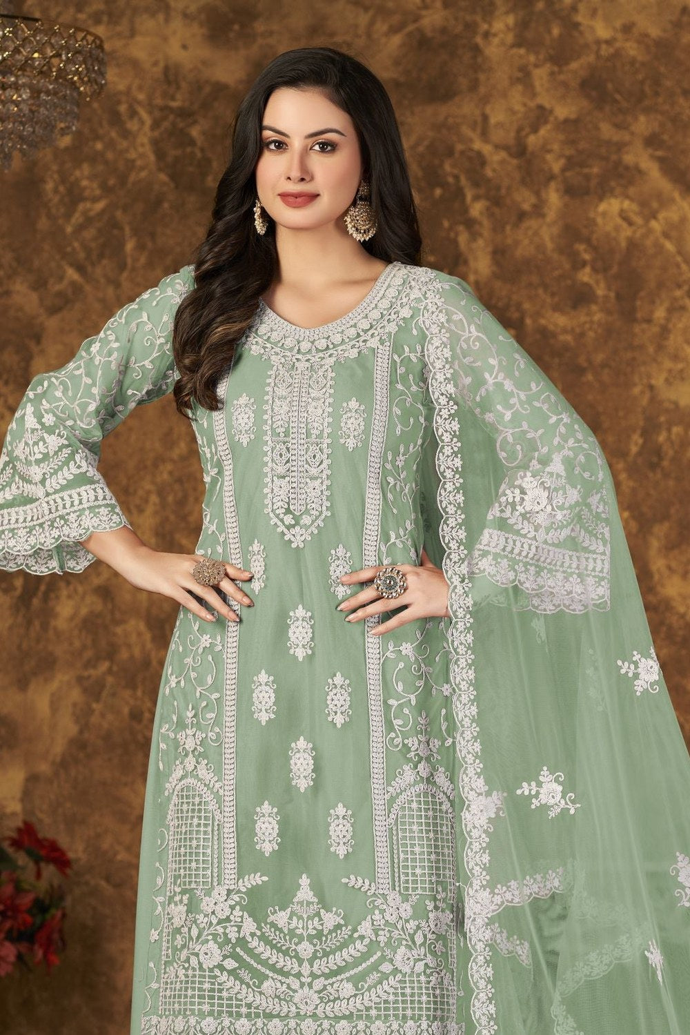 Green Net Plazo with Thread Embroidery for Pakistani Style Wedding Dresses - close-up view