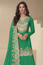 Green Palazo for Sangeet with Thread and Sequins Embroidery Chinon Silk Suit - close-up view
