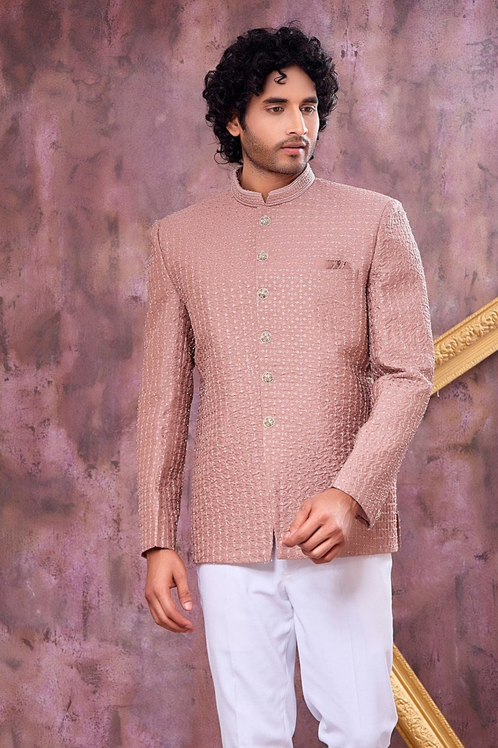 Rust Pink Art Silk Suit For Men Jodhpuri & Pant with Thread Embroidery Work - close-up view