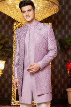 Light Purple Art Silk Traditional Indo Western Sherwani Long Kurta & Pant for Men for Wedding - Embroidery Work - close-up view