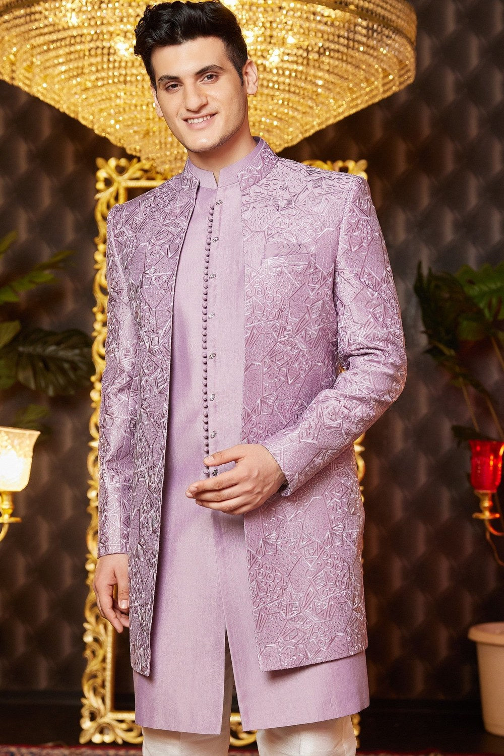 Light Purple Art Silk Traditional Indo Western Sherwani Long Kurta & Pant for Men for Wedding - Embroidery Work - close-up view