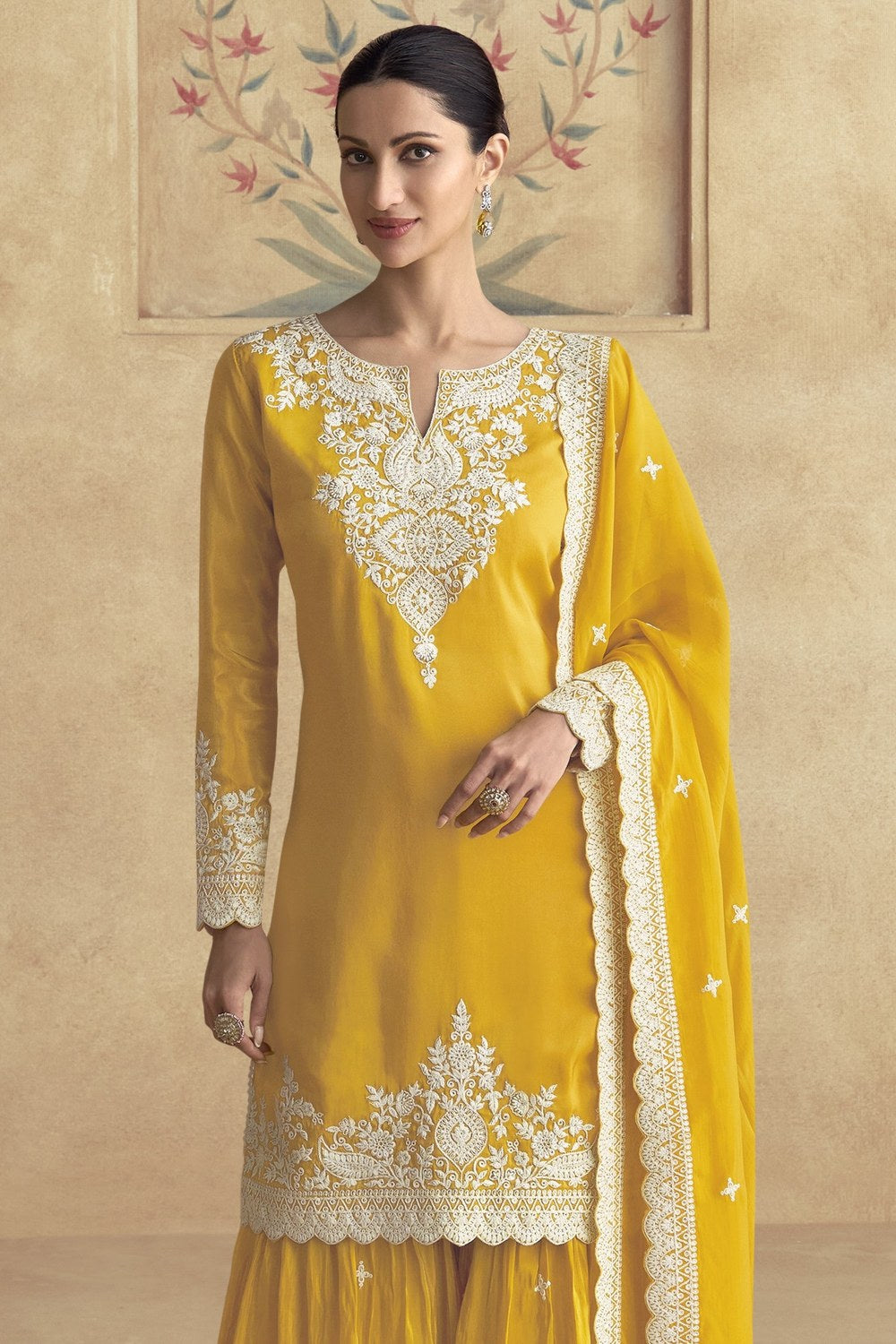 Yellow Simar Silk Sharara Set for Women for Wedding Haldi - Thread Embroidery Work - close-up view