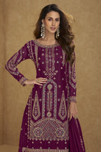 Wine Chinon Silk Long Kameez with Plazo in Sequin & Thread Work - close-up view