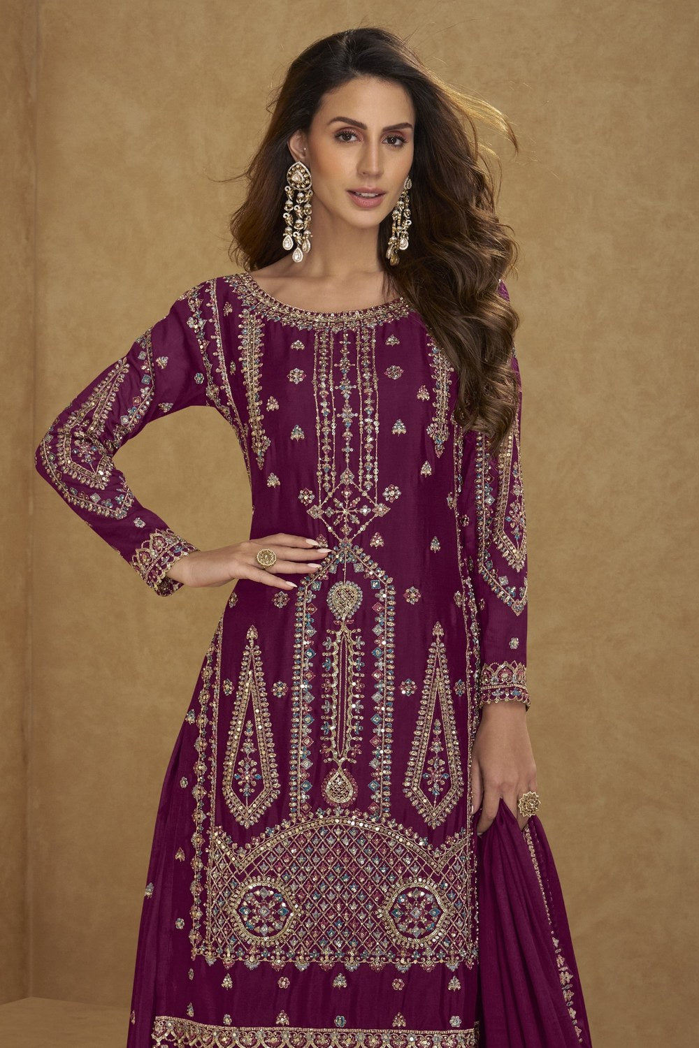 Wine Chinon Silk Long Kameez with Plazo in Sequin & Thread Work - close-up view