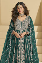 Dark Green Chinon Silk Front Slit Anarkali With Skirt Suit For Indian & Pakistani Wedding Festival - Sequins & Thread Embroidery Work, Dori Work - close-up view