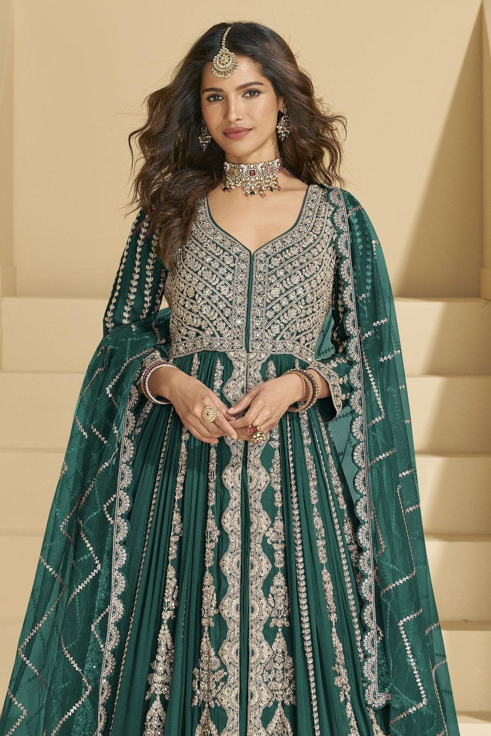 Dark Green Chinon Silk Front Slit Anarkali With Skirt Suit For Indian & Pakistani Wedding Festival - Sequins & Thread Embroidery Work, Dori Work - close-up view
