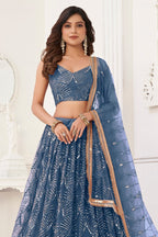 Steel Blue Net Embroidered Lehenga Choli For Indian Festival & Weddings - Embroidery Work - close-up view