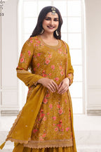 Mustard Chinon Silk Floral Plazo Suit For Indian Festivals & Pakistani Weddings Dress - Embroidery Work, Print Work - close-up view
