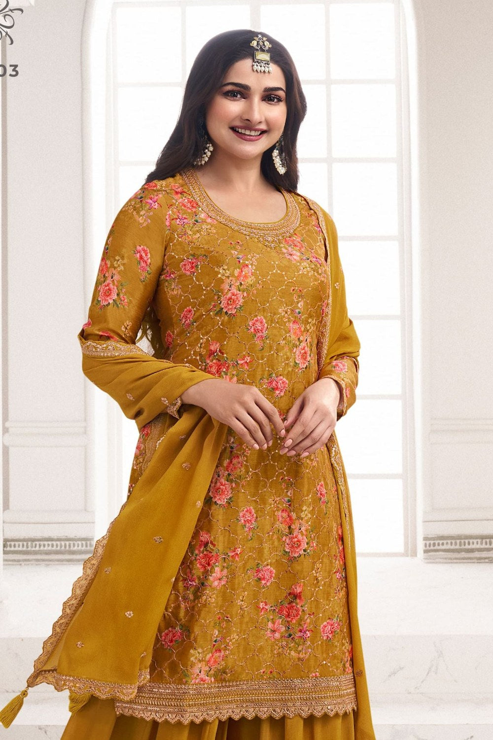 Mustard Chinon Silk Floral Plazo Suit For Indian Festivals & Pakistani Weddings Dress - Embroidery Work, Print Work - close-up view