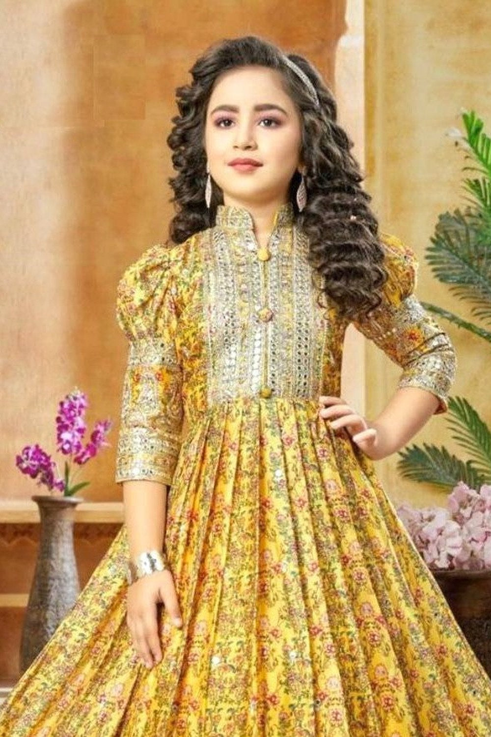 Yellow Chinon Silk Kids Wear Girls Flower Printed Gown with Dupatta Suit for Kids for Festivals & Wedding - Sequence Embroidery Work, Print Work - close-up view