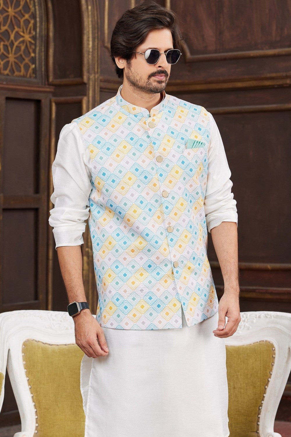 White Art Silk Kurta Pajama with Waistcoat Jacket for Men for Wedding & Festival - Print Work - close-up view