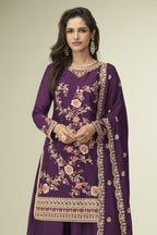 Maroon Chinon Silk Palazzo Suit For Indian & Pakistani Wedding Festival - Thread Embroidery Work - close-up view