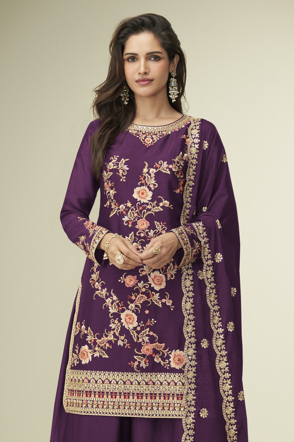 Maroon Chinon Silk Palazzo Suit For Indian & Pakistani Wedding Festival - Thread Embroidery Work - close-up view