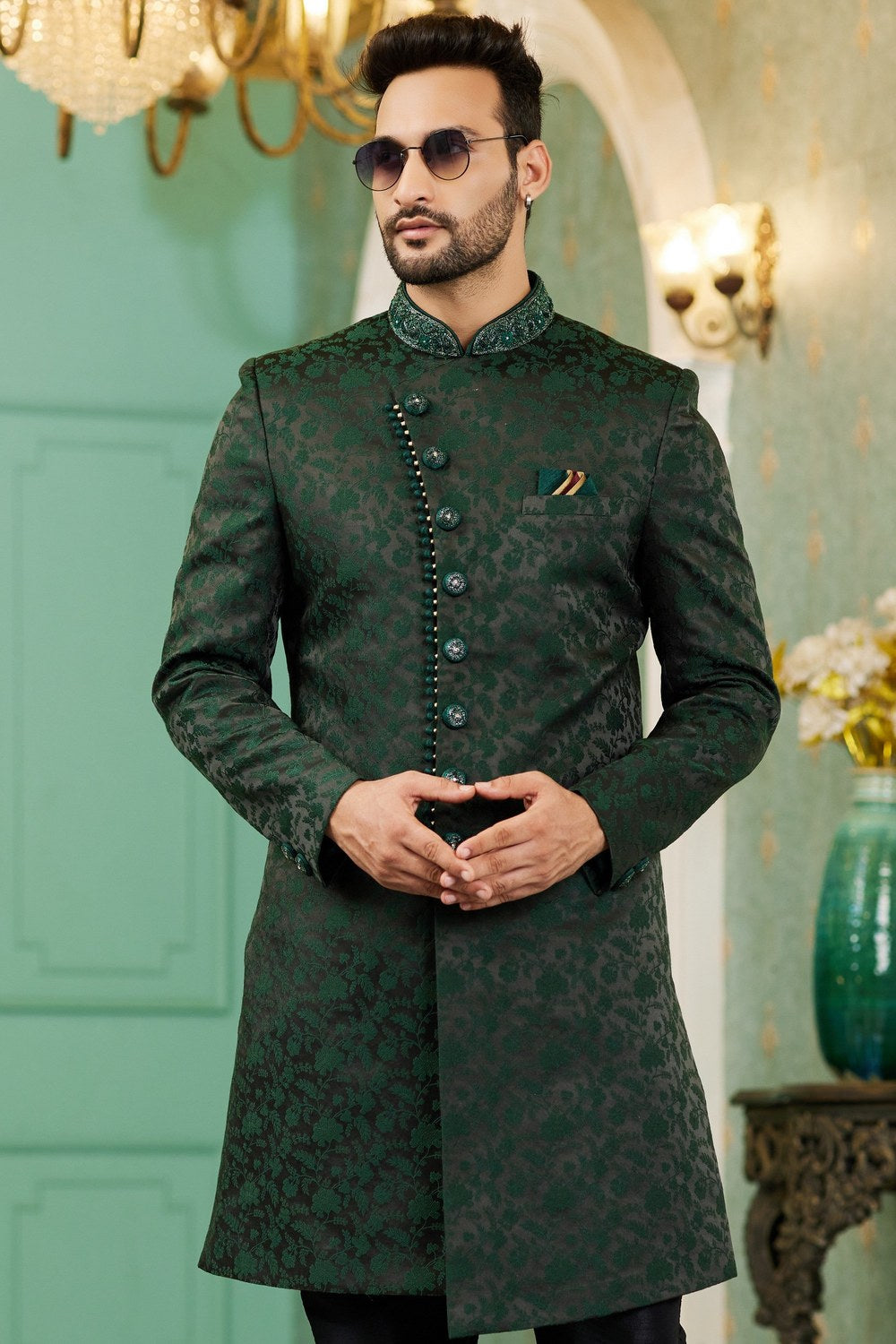 Green Jacquard Silk Wedding Suit Indowestern Long Kurta & Pant for Men - Hand Work - close-up view