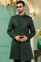 Green Jacquard Silk Wedding Suit Indowestern Long Kurta & Pant for Men - Hand Work - close-up view
