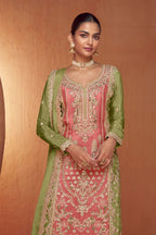 Pink Chinon Traditional Plazo Suits For Pakistani Festivals & Indian Wedding - Embroidery Work - close-up view