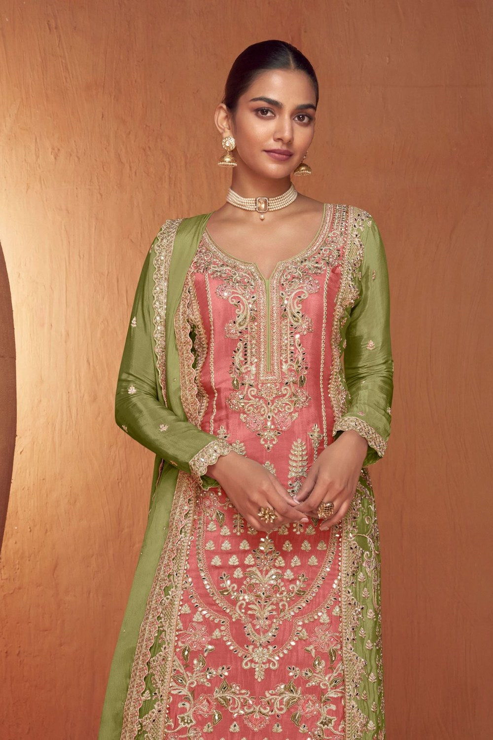 Pink Chinon Traditional Plazo Suits For Pakistani Festivals & Indian Wedding - Embroidery Work - close-up view