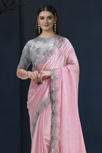 Baby Pink Crepe Satin Silk Indian Wedding Saree with Blouse - Stone Work, Sequence Embroidery Work, Dori Work - close-up view