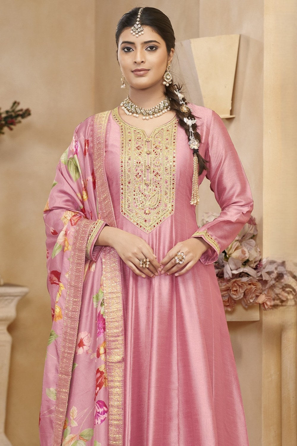 Pink Chinon Silk Long Kameez Pant Suit For Indian Festivals & Weddings - Embroidery Work, Print Work - close-up view