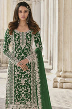 Green Net Kameez Plazzo Suit For Indian Wedding & Pakistani Festival Dress - Embroidery Work - close-up view