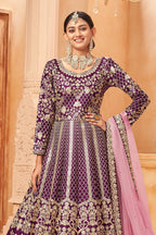 Plum Art Silk Anarkali Pakistani Dresses Traditional with Thread Embroidery Work - close-up view