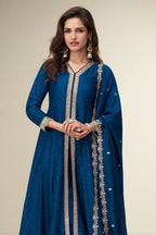 Teal Chinon Silk Designer Anarkali Suits with Thread & Sequins Embroidery - close-up view
