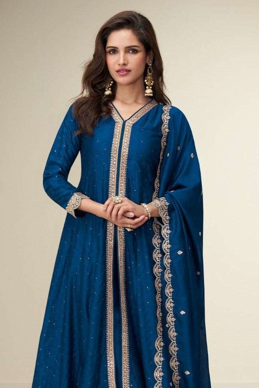 Teal Chinon Silk Designer Anarkali Suits with Thread & Sequins Embroidery - close-up view