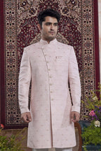 Pale Purple Jacquard Woven Indo Western Mens Indian Wedding Attire - close-up view