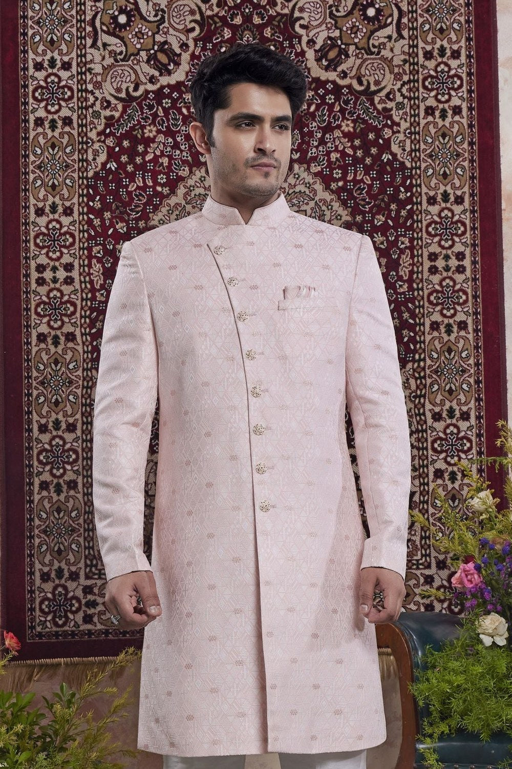 Pale Purple Jacquard Woven Indo Western Mens Indian Wedding Attire - close-up view