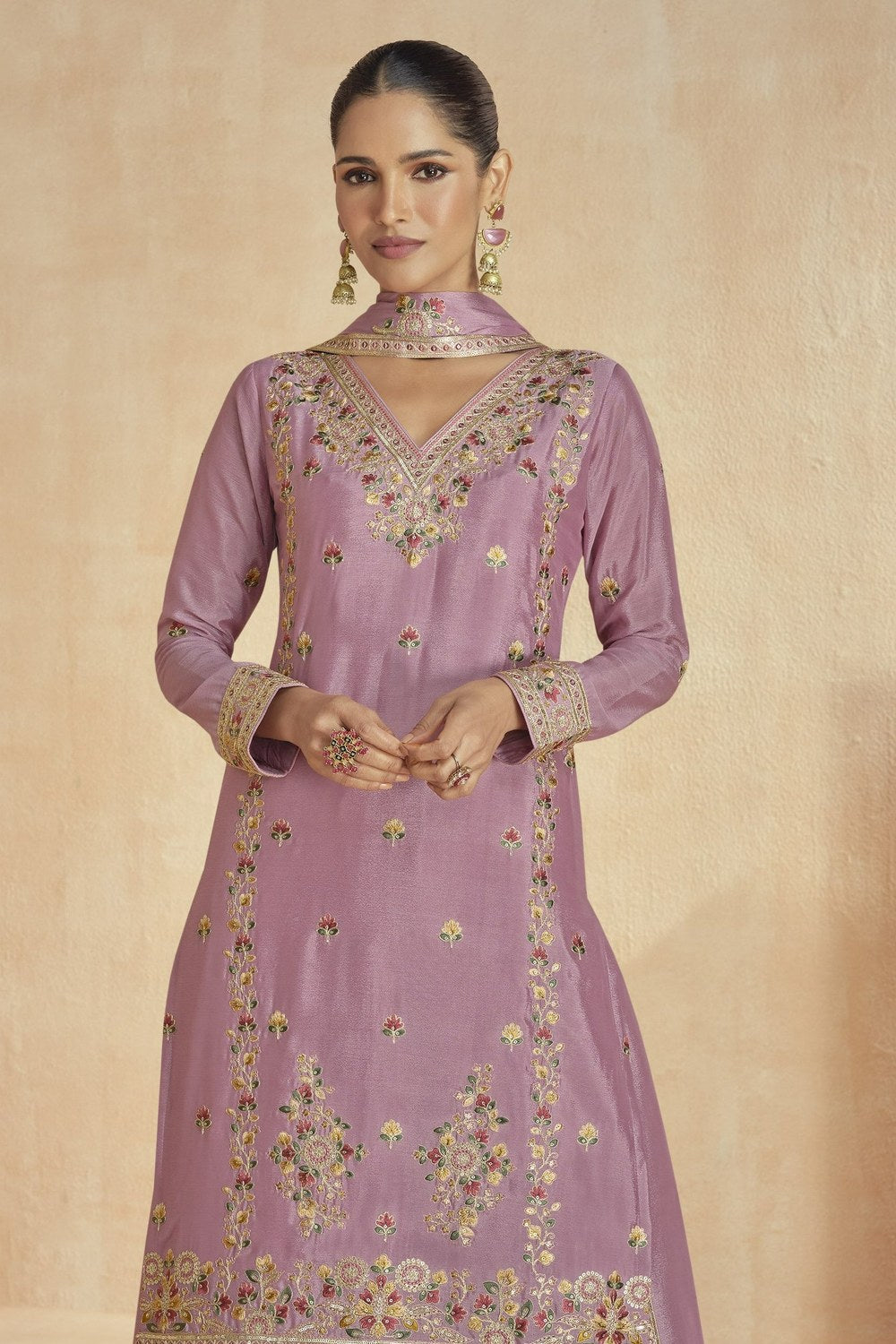 Pink Chinon Silk Kameez with Plazo for Women Festive Wear - Embroidery Work - close-up view