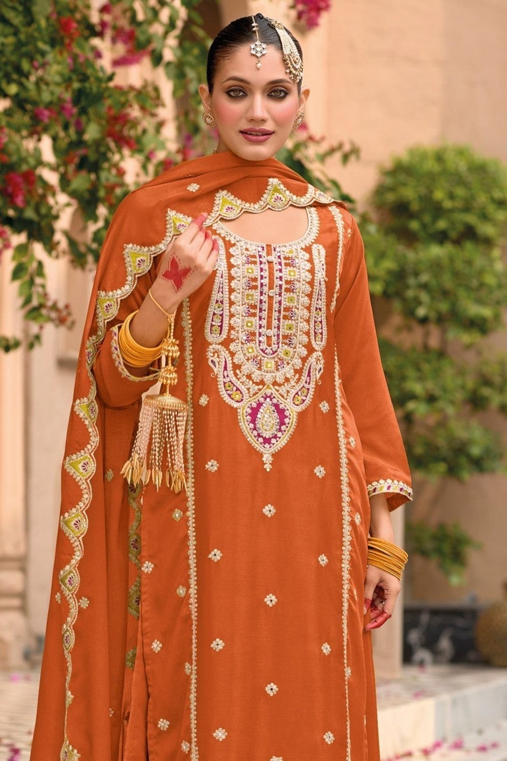 Orange Chinon Silk Kameez With Palazzo Suit For Indian & Pakistani Wedding Festival - Thread & Sequence Embroidery - close-up view