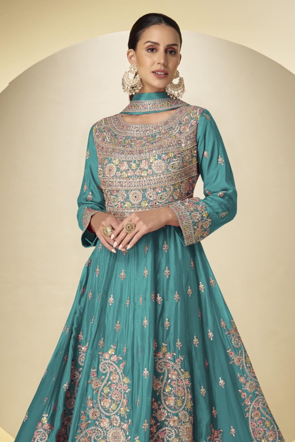 Teal Chinon Silk Kameez With Pant For Indian & Pakistani Wedding Festival - Sequins & Thread Embroidery Work - close-up view