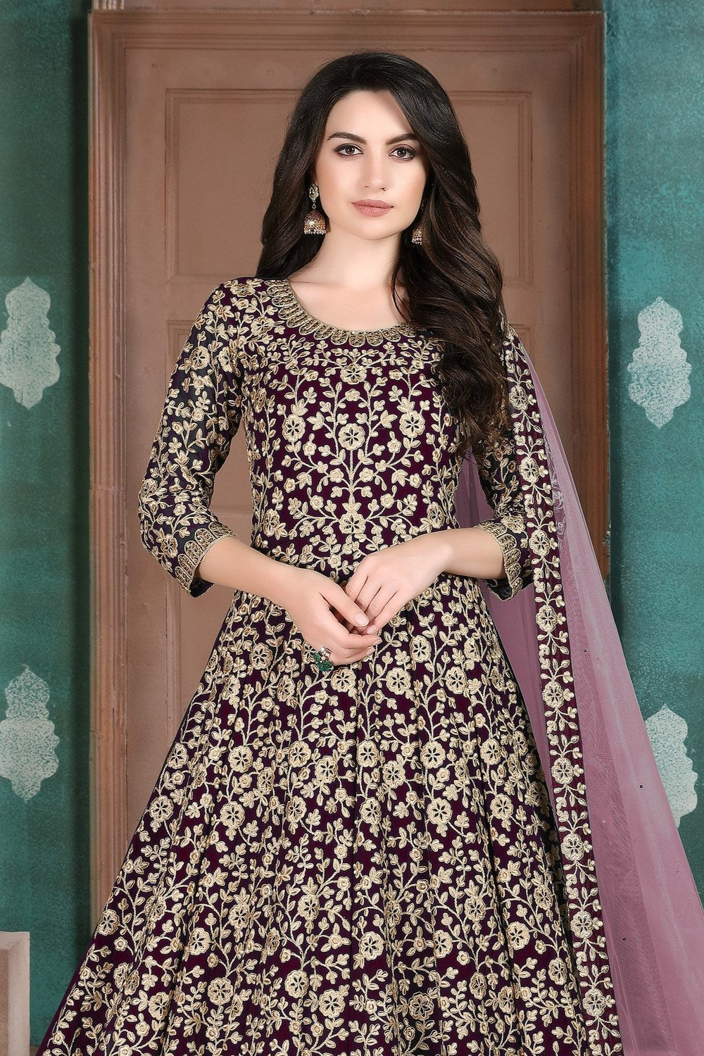 Plum Georgette Thread Work Anarkali Dresses for an Indian Wedding Guest - close-up view