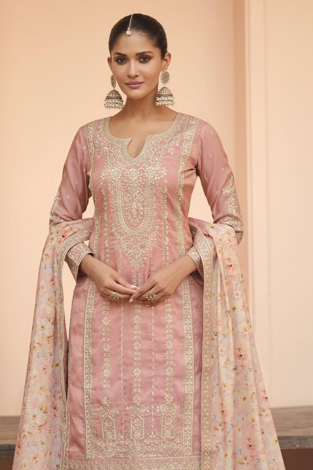 Baby Pink Chinon Silk Pastel Color Plazo Suit Floral For Indian & Pakistani Wedding Festival - Thread & Sequins Embroidery Work, Print Work - close-up view