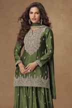 Olive Chinon Silk Palazo Pakistani Suits Online with Thread & Sequins Work - close-up view